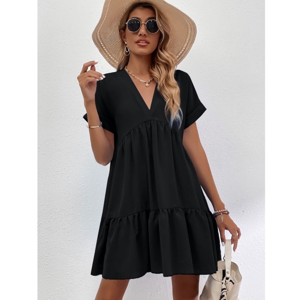 Black Short Sleeve Loose Fitting Mini Dress V-Neck Ruffle Flared Hem - Picture 6 of 8